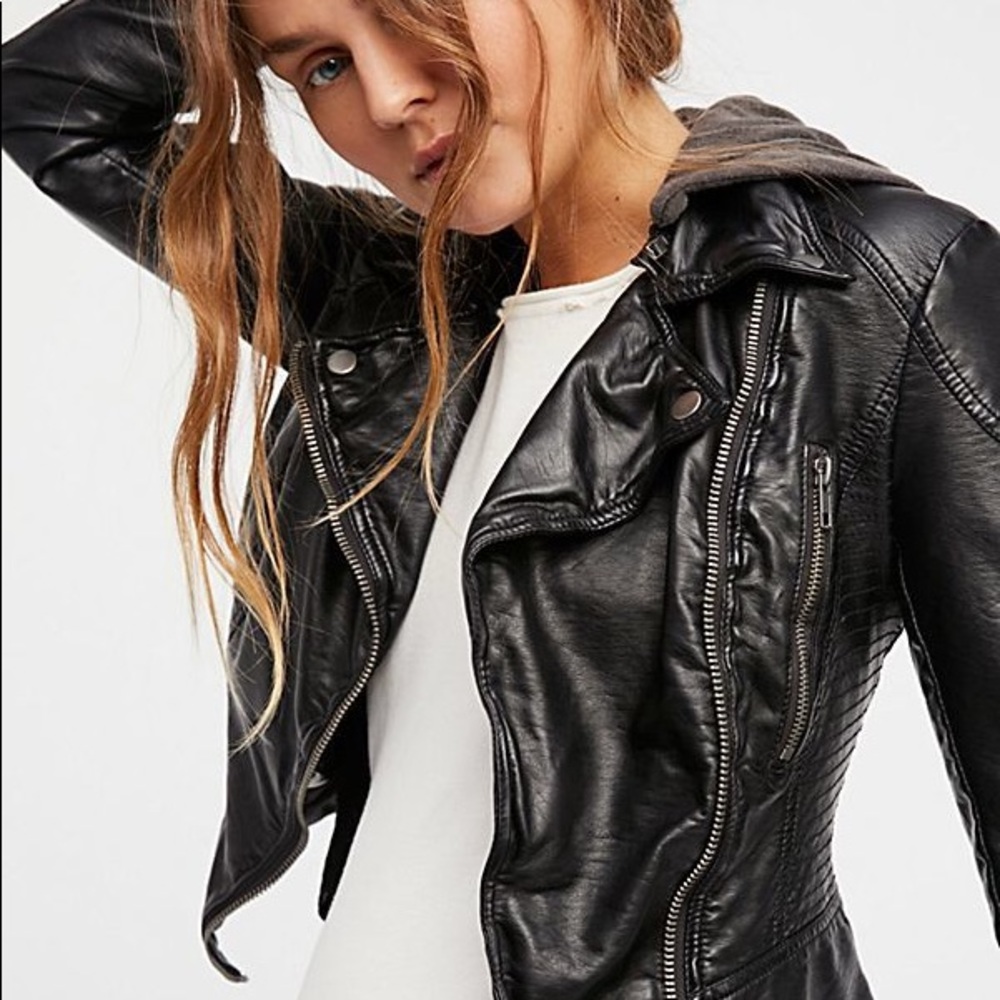 Free People Distressed Faux Leather Hooded Jacket